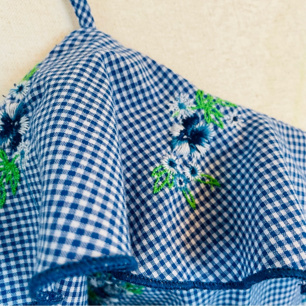 Gypsies & Moondust Blue White Gingham Floral Embroidered Off Shoulder | Small - Picture 2 of 6